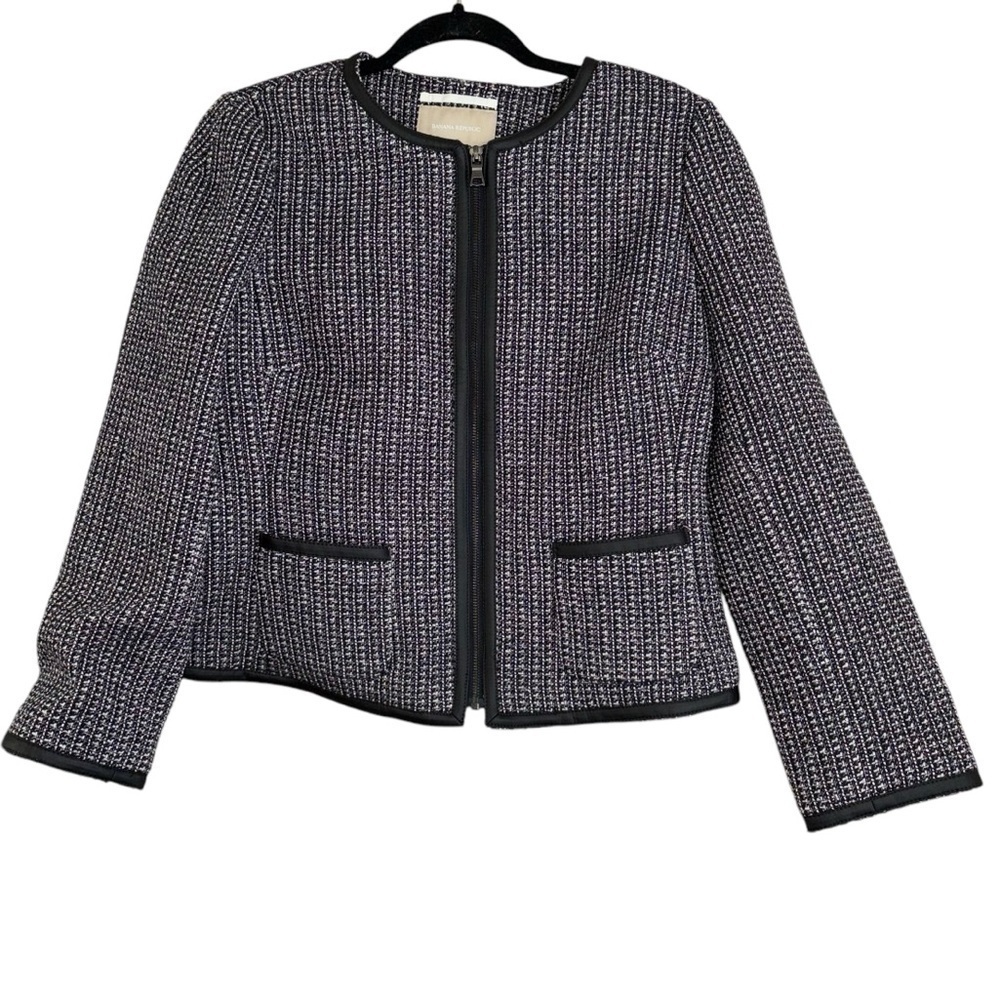 Banana Republic Black Tweed Faux Leather Trim Jacket Women’s 12 Old Money Preppy